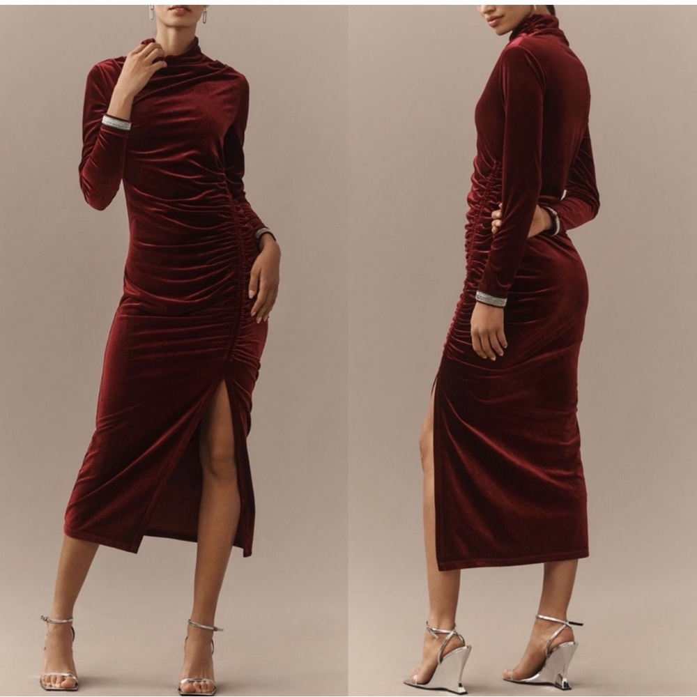 Anthropologie The‎ Maya Rouched Cowl Neck Velvet Midi Dress Size Medium Red